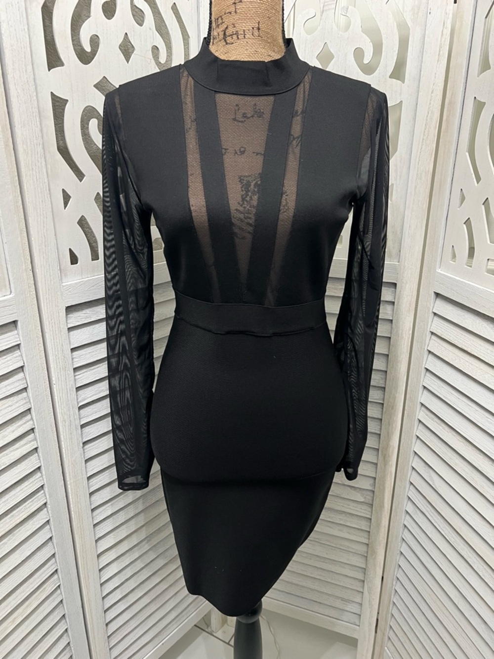 BEBE Elegant Black Sheer Panel Bodycon Dress